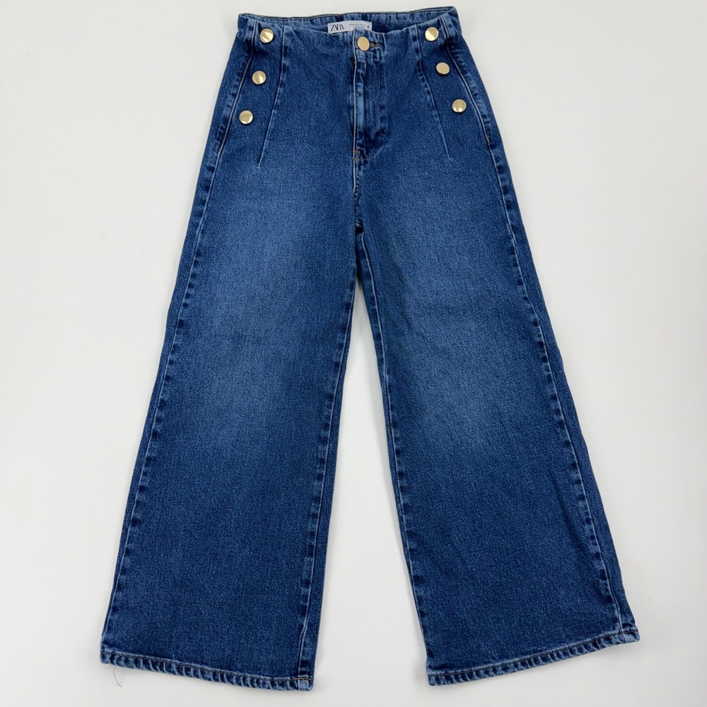 Zara Womens High Waisted Wide Leg Sailor Jeans Gold Button Blue Denim Size 2